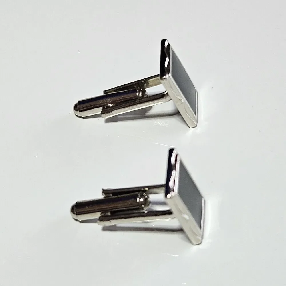 Cuff Links Vintage - Silver Tone with Black Enamel - Rectangle Shape